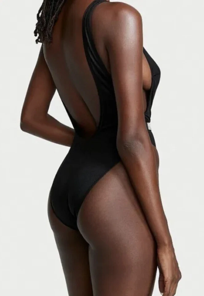 VICTORIA'S SECRET Shine Strap Plunge Swimsuit Side Boob High Cut Black Bling L Foto 3 de 3