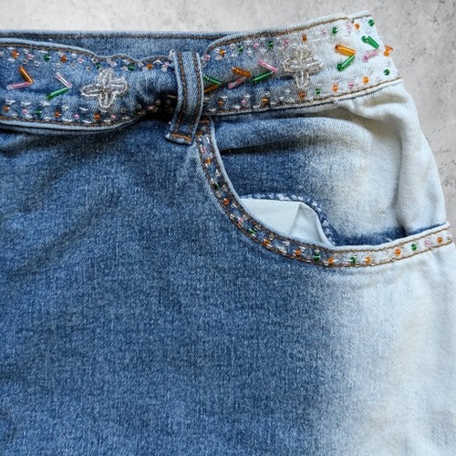 y2k Bay Beaded Two Tone Blue Denim Mini Skirt | Size 12 | Light Wash, Vintage - Picture 6 of 6
