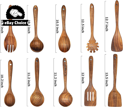 10 Pcs Natural Teak Wooden Cooking Utensils Set Spatulas Spoons Kitchen - Picture 2 of 12