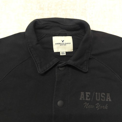 American Eagle Jacket Shirt Mens M Snap Shacket Logo Spellout Varsity Black - Picture 3 of 11