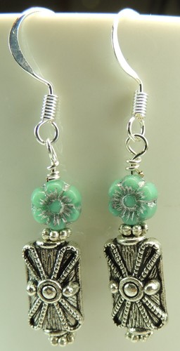 Turquoise Czech Etched Flower Dangle Earrings with Fancy Beads Handmade Jewelry