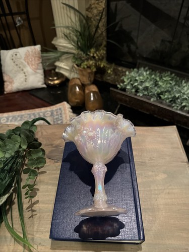 Fenton Pink Cabbage Rose Opalescent Carnival 6" Ruffled Compote - Bild 4 von 6