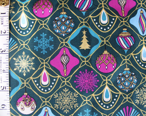 100% Cotton Fabric Contemporary Christmas Xmas Retro Baubles Festive Metalic - Picture 3 of 11