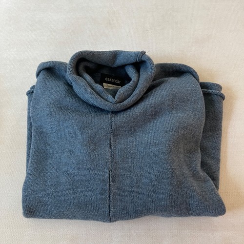 Eskandar Sweater Pullover 0/S Hand Loomed Heavy Blue Mock Turtleneck Merino Woo - Picture 6 of 12