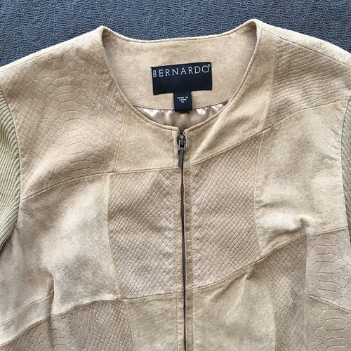 Vintage Bernardo Wildleder Leder Reißverschluss Jacke Wolle Pullover hellbraun beige Kamel P L - Bild 4 von 8