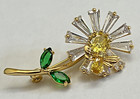 Glass Daisy Rose Vintage Yellow Clear Crystal Rhinestone Bee Flower Brooch Pin