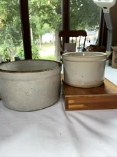 Antique Feeding Bowls Pottery Crock Dog Feeder & Water Dishes 6” 8” Wide