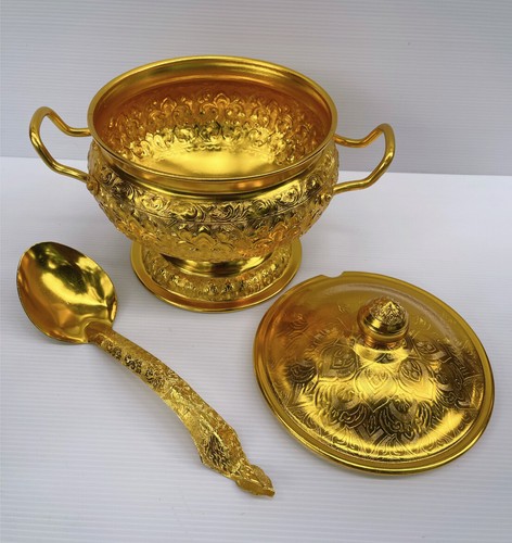 Vintage Style Thai Serving Bowl Rice Soup Gold Aluminium Size 20 cm & Ladle Gift - Picture 23 of 42