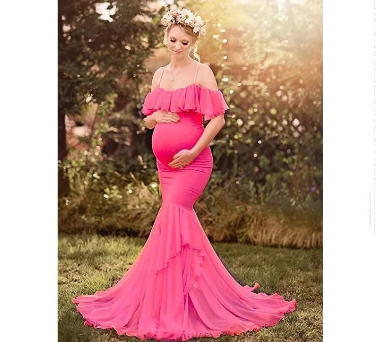 Maternity Dress Ruffles Gown Photo Prop Baby Shower Off Shoulder Pink XL - Image 3 of 4