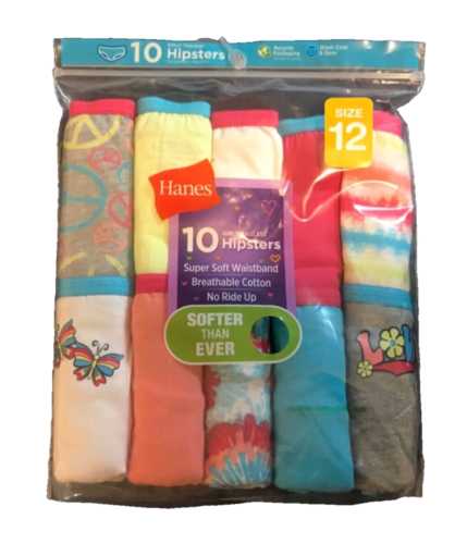 HANES GIRLS BRAND NEW SZ 12 HIPSTERS PANTIES 10 MULTIPACK 100% COTTON