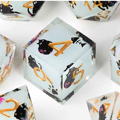 Resin DND Dice Set 7pcs Polyhedral Die Flower Cat Sharp Edge RPG Dungeons Dragon - Picture 3 of 7