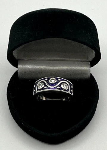 Vintage SU 925 Solid Sterling Silver CZ Wide Band RING size 7.5 Purple Enamel