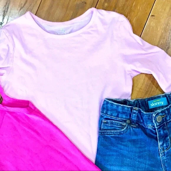 Girl pink outfit long denim shorts shirt tank top pink summer back to school 7