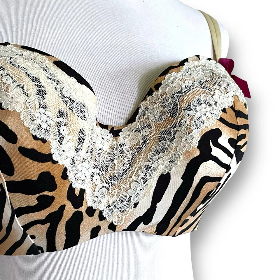 Cacique 40D Bra Tan Black Animal Print Pink Bow Lace Underwire Demi Balconette - Image 3 of 4