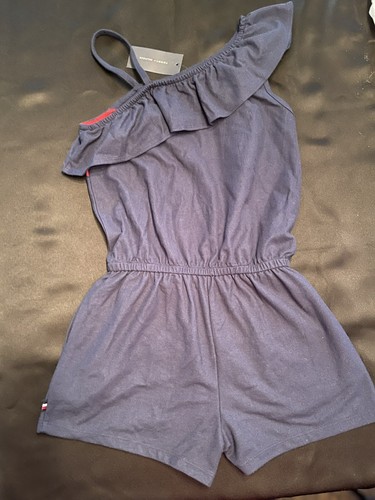 NWT Tommy Hilfiger Girls Flag Logo Ruffle Romper Dress L 12 14 Summer White Blue - Picture 4 of 4