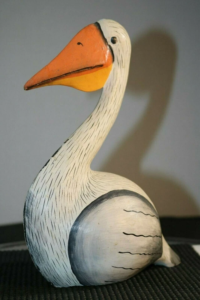 Pelícano de madera sentado tallado a mano madera escultura tropical pájaro arte decoración Foto 2 de 4
