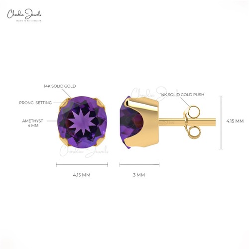 14k Gold Fine Jewelry 4mm Round Amethyst Gemstone Stud Pushback Earrings For Her - Picture 21 of 22