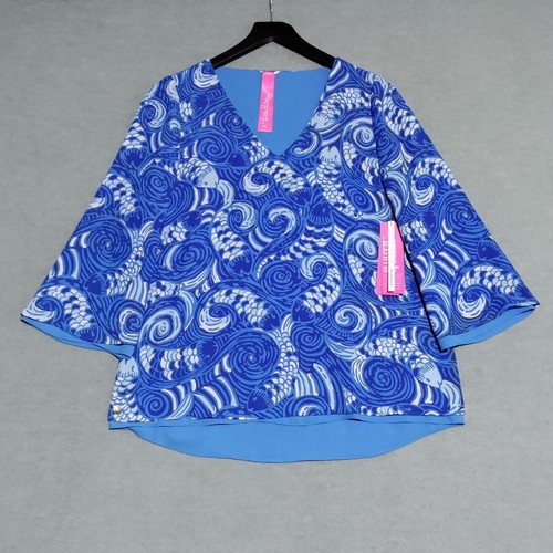 Lilly Pulitzer Florin 3/4 sleeve Womens XS V Neck Blue Grotto Reversible Top NEW - Picture 2 of 20