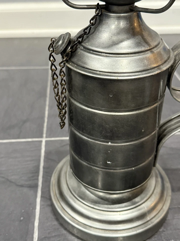 Vintage Pewter Color Table Hurricane Oil Lamp Metal Farmhouse No Glass Or Shade - Image 3 of 4