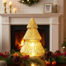 Light Up Glass Christmas Tree with Timer, Tabletop Gold Mercury Christmas Tre...
