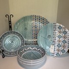 Melamine 16” Serving Platter 4 Dinner Plates 4 Bowls Blue Green Gold White Beach