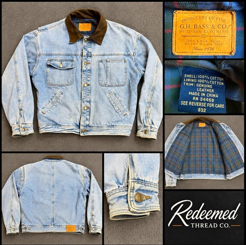Vintage 90s GH Bass Denim Jacket Mens XL Leather Collar Plaid Lined Workwear - product listing photo