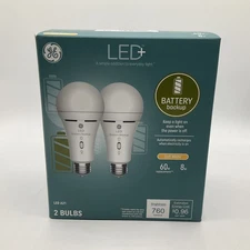 NEW GE LED+ Battery Backup 60 Watt Soft White A21 Bulbs Medium Base- 2 Pack