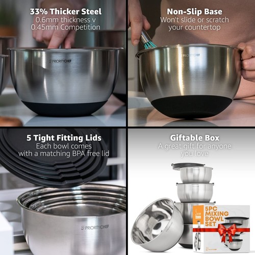 Premium Mixing Bowls With Lids Set, Airtight Lids, Thicker Stainless Steel Mi... - Picture 2 of 8