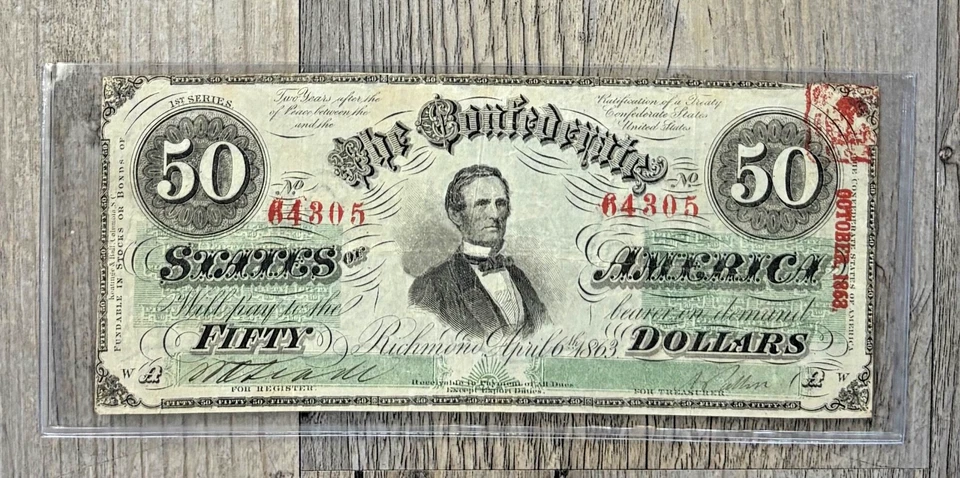 1863 $50 T 57 Confederate Paper Money, Red Tree of Life Stamp, Red Serial Number - Image 3 of 4