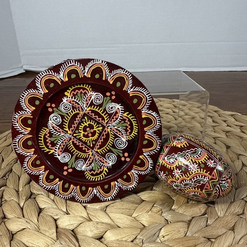 Vintage Wooden Hand Painted Easter Egg on Mini Plate Ukrainian Pysanka Folk Art - Picture 1 of 6