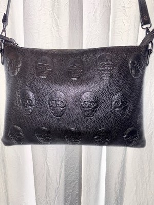 IO PELLE Italian Pebbled Black leather Skull Embossed Large 14  Crossbody Bag