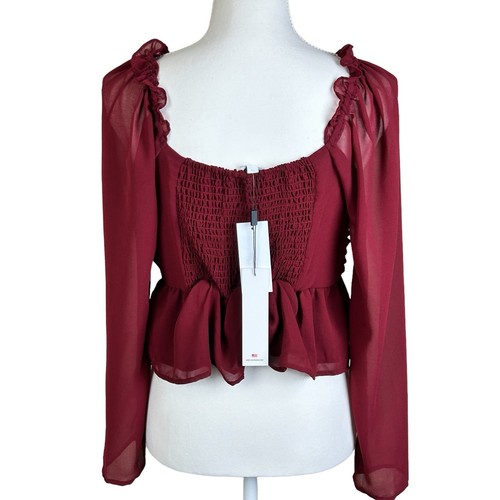 Vigoss Rüschen Chiffon Top Größe Large Kirschrot Schößchen Rausch Gesmokt Transparent  - Bild 7 von 12