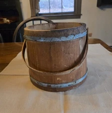 Vintage wooden firkin bucket with handle. country farmhouse decor