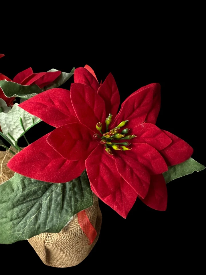 Artificial Poinsettia Flower Arrangement in Burlap Wrap |Christmas Holiday Decor - Image 2 of 4