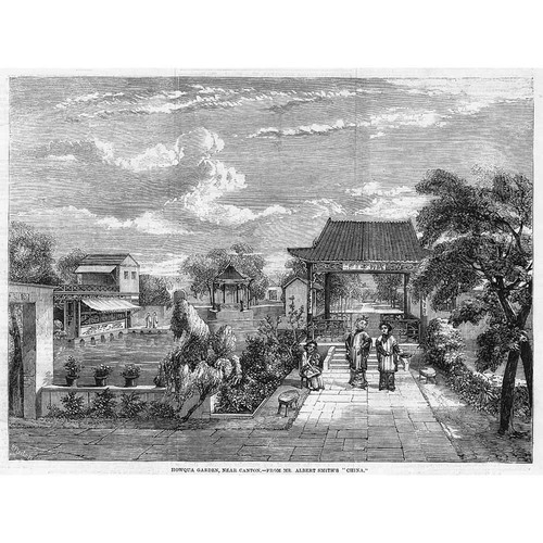 CHINA Howqua Garden near Canton - Antique Print 1859
