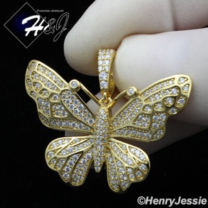 Authentic WOMEN 925 STERLING SILVER ICY BLING CZ GOLD PLATED 3D BUTTERFLY PENDANT*GP284