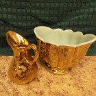 Vtg Weeping 24k Gold overlay Cameron Clay Pottery Aqua Teal Bowl & Pitcher Set