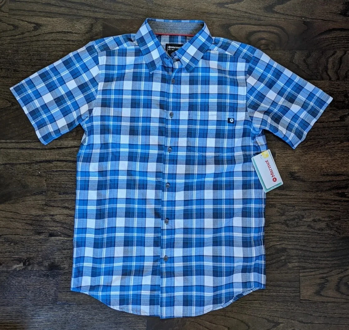 Mens Marmot Syrocco SS Button Down Hiking Shirt Short Sleeve Plaid Blue Small