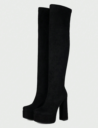 Black Super High Heel Thick Sole Thick Elegant Square Toe Slip-On Sock Boots - Picture 2 of 5