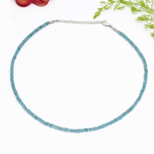 Natural Aquamarine Faceted Rondelle Gemstone Beaded 3-4MM Choker Necklaces 18'' - Picture 15 of 16