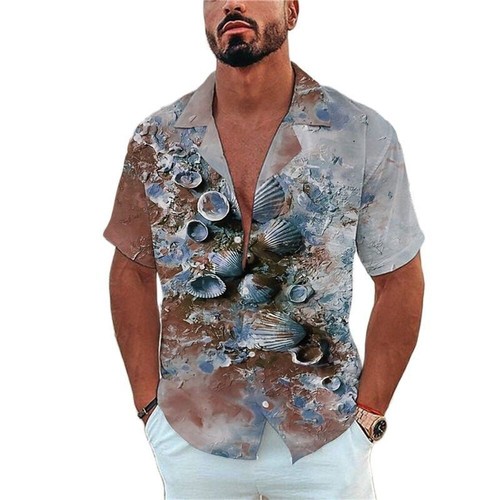 Mens Loose Fit Short Sleeve Shirt with Unique Marine Organism Print, Polyester F - Picture 51 of 93