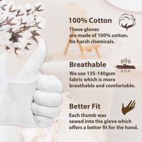 EvridWear White Cotton Gloves, Women Men Eczema Dry Hands Moisturizing, 5 Pairs - Picture 3 of 9