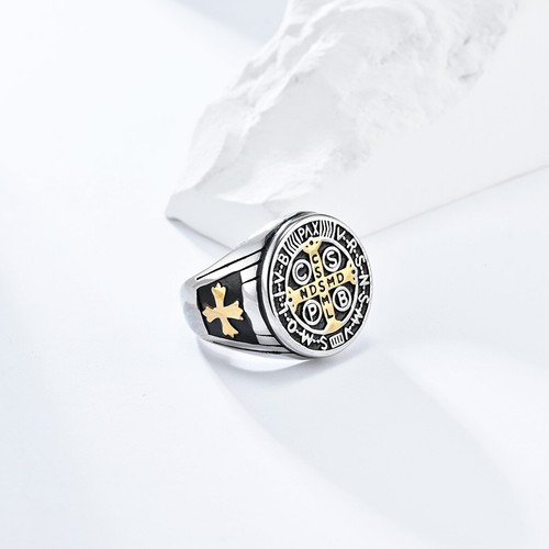 Stainless Steel Mens Catholic St Saint Benedict Cross Ring Exorcism Medal 4color - Picture 2 of 23