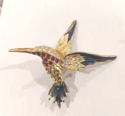 Vintage Hummingbird Brooch Blue Enamel Red Green Rhinestone Sphinx 9997 Goldtone - Picture 2 of 9