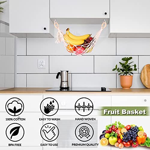 Macrame Fruit Hammock with Hooks - Hanging Fruit Hammock for Kitchen Under Ca... - Picture 4 of 7