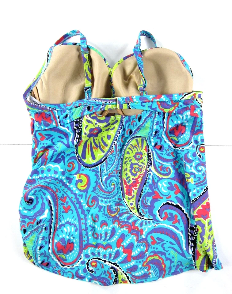 Traje de baño Tankini Top 44 DDD Lane Bryant azul púrpura verde cachemir incorporado Foto 2 de 4