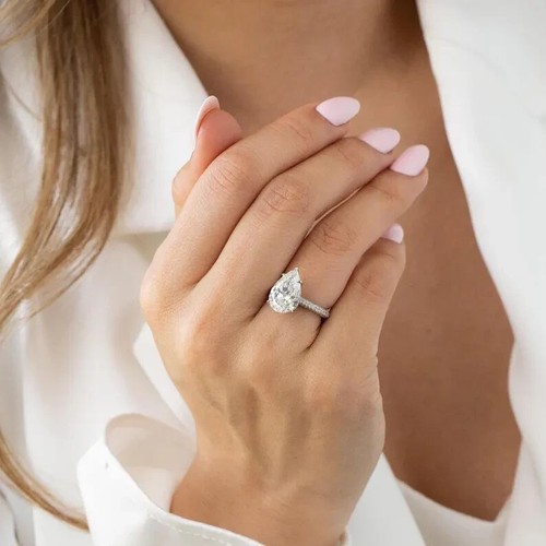 5 kt Birne versteckter Heiligenschein Moissanit Micro Pave Band Verlobungsring 14 K Weißgold - Bild 1 von 5