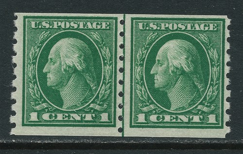 SCOTT 412 1912 1 CENT WASHINGTON REGULAR ISSUE COIL LINE PAIR MH OG F-VF CAT $85