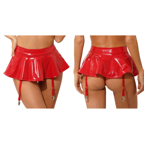 Womens PVC Leather Mini Skirt High Waist Skirt with Garter Belt for Stockings - Picture 5 of 44