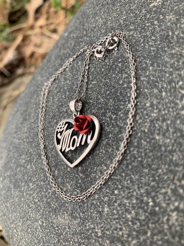 MOTHER’S DAY SU Necklace Silver Heart #1 Mom Red Enamel Rose Sterling 925 18” - Picture 3 of 5